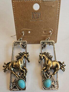 Western style dangle earrings, ICON collection; antique silver running horse